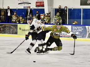 The Powassan Voodoos take on the Kirkland Lake Gold Miners at the Powassan Sportsplex, Friday night. Cathy Sullivan Photo