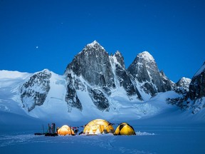 Banff Centre Mountain Film and Book Festival Signature Image by Christian Pondella. The image shows basecamp in the Alaska Range of Denali National Park, Alaska. The photo was taken on a ski expedition with Chris Davenport, Jim Morrison and Michelle Parker.