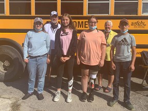 Montgomery Bus Lines was at the Dollar Haven parking lot on Saturday, October 2, giving Lucknow area residents the chance to "fill the bus". Volunteering, L-R: Beth Nelson, Greg Blake, Adele Gautherot, Shelby Furness, Wilma Blake and Tyson Furness. Hannah MacLeod/Lucknow Sentinel