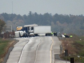 Ontario Provincial Police are investigating a double fatal collision that took place on Highway 401 in Kingston on Wednesday, Oct. 13, 2021. Elliot Ferguson/The Kingston Whig-Standard/Postmedia Network