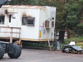 Fire damage to a work trailer at Algoma District School Board's main office on Albert Street East in Sault Ste. Marie, Ont., on Sunday, Oct. 9, 2021. (BRIAN KELLY/THE SAULT STAR/POSTMEDIA NETWORK)