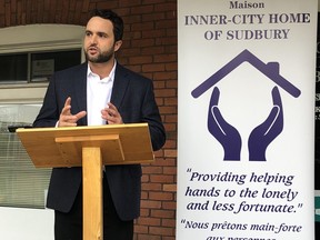 Dr. Stephen Morris, a member of a physician-led fundraising campaign team that raised $300,000 in the spring of 2020, speaks at a press conference at The Inner City Home of Sudbury Thursday. HAROLD CARMICHAEL/SUDBURY STAR