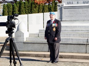 Veteran Bill Wilkins speaks about his service and the importance of Remembrance Day for a video for École secondaire catholique Algonquin, Friday, at the North Bay cenotaph. PJ Wilson/The Nugget