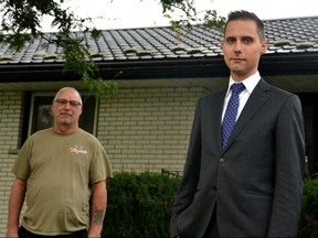 Stratford lawyer Dennis Crawford (right) has launched an online program, OntarioHVACscam.com, to help people like Stratford resident Dave Dunsmoor (left), whose elderly father fell victim to a door-to-door HVAC equipment-rental scam in 2017 that left him with $17,000 in property liens registered on his home. (Galen Simmons/The Beacon Herald)
