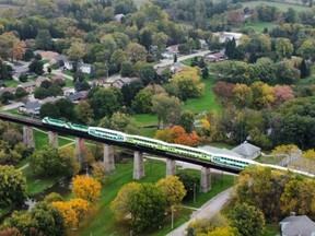 A GO Train goes over London Bridge in St. Marys during testing for the pilot project. (Photo courtesy Grant Brouwer)