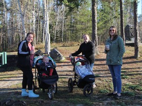 Taking advantage of a mild autumn morning, Tiffany Lavigne, from left, with son Vito Sikora, Veronique Ginglo-Robert, with her son Felix Deraiche, and Jessica Corriveau walked the trails at Hersey Lake Conservation Area Friday. An organized hike is planned at Hersey Lake this Sunday. For details on that, see story on Page A2.

RON GRECH/The Daily Press