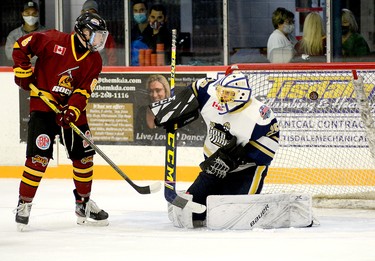 Timmins Rock forward Tyler Patterson watches as teammate Cameron Dutkiewicz’s point shot finds the back of the net behind Kirkland Lake goalie Glen Crandall during the first period of Sunday afternoon’s NOJHL contest at the McIntyre Arena. Dutkiewicz’s third goal of the season, a power-play marker, stood up to be the game-winner as the Rock went on to dump the Gold Miners 4-1. THOMAS PERRY/THE DAILY PRESS