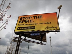 An Alberta government billboard advertisement promotes vaccination and adherence to COVID-19 rules. GAVIN YOUNG/POSTMEDIA