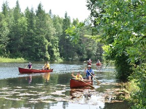 Enjoying a recent 1st Port Elgin Scouting outing on the Saugeen River at Dreamaker Campground were : Scout Lindsay and Robert Maxemuik (front canoe), Scouter Harry Jack (left canoe) and father and son Connar Parry and Derek Mullen (back canoes). [Supplied]