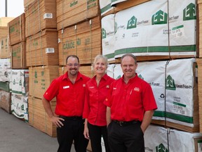 Home Hardware store manager Tom Scott (from left to right) and dealer-owners Colleen and Mike Fulton stand among some of the store's merchandise. Airdrie's Home Hardware was named Store of the Year out of around 1,100 other stores in Canada.
