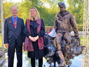 Richard McCaw, left, nephew of the late Belleville airman Flt. Sgt. John Francis McCaw who was killed in a plane crash in the Netherlands in the Second World War, attended a statue unveiling in Almere, Netherlands, in honour of the fallen bomber aircraft crew. He is pictured with the statue artist Laura O’Neill at the ceremony. MCCAW PHOTO