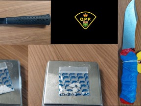 Police images show items reported seized Monday during a drug investigation in Quinte West. They included suspected cocaine, opioid pills and weapons.