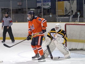 Soo Thunderbirds forward Colby Arbour takes position in front of Soo Eagles goaltender Ryan Gilmore in Northern Ontario Junior Hockey League action at the John Rhodes Community Centre on Sunday afternoon. Gilmore stopped 39 shots as the Eagles picked up a 3-0 win over the T-Birds.