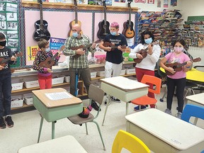 Photo supplied
Students at Our Lady of Fatima Catholic School are learning the gift of music thanks to a donation from an Elliot Lake Retirement Living Community Grant. As a result, the school was able to purchase guitars and ukuleles.