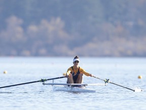 Abbey Maillet in action for the Laurentian Voyageurs rowing team.