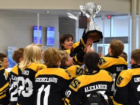 The Strathcona Warriors U-13 AA team celebrates after winning the first-ever Edmonton Oilers PeeWee Tournament. 
Photo courtesy Edmonton Oilers
