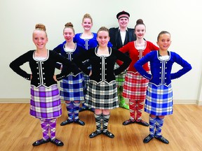 (L-r): Beaumont School of Highland Dancers Katjana Bruinsma, Lily Henry, Paige Aeberhardt, Shannon Millar, Kieran Langford, Maren McIntoshand Kate Pettigrew.