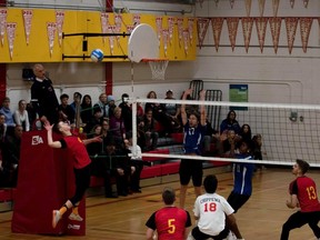 Chippewa Secondary School senior boy's volleyball captain Brayden Blake goes up for a hit during the 2019 NDA semifinals against Widdifield. Submitted Photo