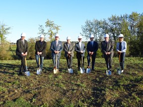 The St. Michaels not for profit organization breaking ground on the largest construction project in the history of the City of Spruce Grove. From left to right.  John Kopeck, SMHG President and CEO, Searle Turton, MLA Spruce Grove –
Stony Plain, Councillor Stuart Houston, City of Spruce Grove, Bill Steinburg, SMHG Board
Member, Most Rev. David Motiuk, Bishop Ukrainian Catholic Eparchy of Edmonton
(Honourary SMHG Board Member), Mel Snihurowych, SMHG Board Chair, Ed Gibbons,
SMHG Board Member, Iryna Laschuk, SMHG Board Member