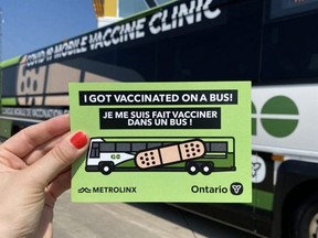 A Metrolinx bus the province has converted into a mobile COVID-19 clinic will be stopping in Wingham and Stratford next week. (Contributed photo)