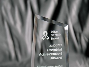 Sault Area Hospital was presented with the Provincial Conversion Rate Award for meeting or exceeding the target conversion rate of 63 per cent set by Ontario Health (Trillium Gift of Life Network) by reaching 70 per cent.