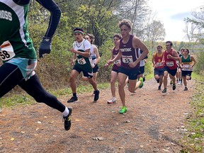 Senior boys start their six-kilometre race in the Kingston Area Secondary Schools Athletic Association cross-country championships at Little Cataraqui Creek Conservation Areaon Friday, Oct. 22, 2021.  Ian MacAlpine/The Kingston Whig-Standard/Postmedia Network