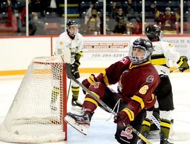 Timmins Rock forward Tyler Patterson celebrates his third-period goal during Sunday afternoon’s NOJHL contest at the McIntyre Arena. Patterson’s second tally of the season pulled the Rock to within a goal in a game they would eventually tie, before dropping a 4-3 decision to the Powassan Voodoos. It was the first regulation loss of the season for the Rock, whose streak had extended to 18 games dating back to March 14. THOMAS PERRY/THE DAILY PRESS