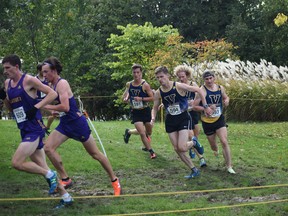 Laurentian University athletes Justin Graenert (594), Eric Gareau (593), Alexandre Fishbein-Ouimette (hidden) and Cameron Date (591) are shown mid-race at 2021 McMaster Bayfront Open on Oct 22.