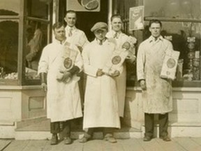 •	AR89.33 - Henry Jerry, left back row, and colleagues outside his Main Street Peace River Meat Co. shop. The man next to him may have been a salesman for Brookfield Cheese. In front (l-r) Bill Luscombe, Laverne McLure and Scotty Boyd. The circa 1930 photograph was found in a closet of the 1928-built Jerry house, 9801-101 Street, across the street from Centennial Parking Lot, when Carefree Travel owners renovated the house for their business in 1989.