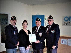 On July 14, 2021 an Army, Navy & Air Force Veterans in Canada (ANAVETS) Certificate of Appreciation was presented to On Side Restoration, Grande Prairie, Alberta for the support and service they have provided to the Army, Navy & Air Force Veterans, Grande Prairie Unit 389.

Photo left to right: Comrade R. J. Bartlett, President, Karen Ross, Project Assistant, Comrade Lorne Scobie, First Vice-President, Comrade Bill Chalifoux, Past President