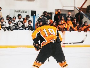 The Fairview Flyers played the County of Grande Prairie JDA Kings on September 30 at home and finished with a 4-3 loss. The Flyers wore their orange jerseys in support of the first National Day for Truth and Reconciliation. Cale Fox, Flyers forward, and Jonah Maisonneuve, defence, kept an eye on the action.