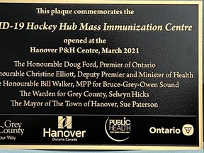 The Grey Bruce Health Unit delivered a brass plaque to the Town of Hanover. This plaque will be mounted at the P&H Centre – for its efforts during the COVID-19 pandemic.