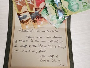 The cash and card that was delivered to Portage's Habitat For Humanity chapter. (supplied photo)