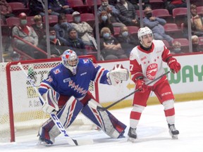 Soo Greyhounds forward Justin Cloutier faces up Kitchener Rangers goaltender Pavel Cajan in the first period of Ontario Hockey League action at the GFL Memorial Gardens on Wednesday night. The Hounds picked up a 3-1 win over the Kitchener Rangers.