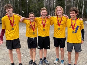 École secondaire catholique Thériault’s Junior Boys captured gold during the 2021 NEOAA Cross-Country Championships at Hersey Lake on Tuesday. Members of the team include Ian McLean, Maxime Morin, Brennan Roy, Liam Martin and Nathan Lemire. SUBMITTED PHOTO