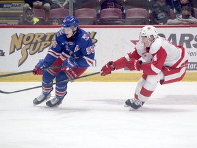 Soo Greyhounds forward Owen Allard chases down Kitchener Rangers forward Reid Valade in Ontario Hockey League action at the GFL Memorial Gardens on Wednesday night. The Greyhounds were in Kitchener on Friday and picked up a 5-4 road win over the Rangers.