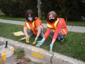 Lo-Ellen Park students Abigail Bourdon, left, and Audrey Seaton remind neighbourhood residents that anything but rainwater going down stormwater drains enters Nepahwin Lake and can reduce water quality.