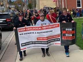 About 75 people gathered for a rally at the Teeswater town hall on October 23 to demonstrate their desire for a referendum to be held to determine the communities willingness to host the proposed Deep Geological Repository (DGR). Hannah MacLeod/Lucknow Sentinel