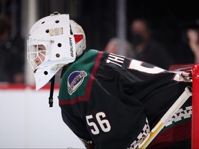 Goaltender Anson Thornton of the Arizona Coyotes looks down ice during the third period of the preseason NHL game against the Los Angeles Kings at Gila River Arena on September 27, 2021, in Glendale, Arizona.  The Coyotes defeated the Kings 2-1. (Photo by Christian Petersen/Getty Images)