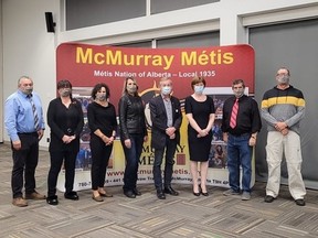 Mayoral candidates Mike Allen and Verna Murphy join the leadership of McMurray Métis for a debate on working with Indigenous communities. Candidate Sandy Bowman was recovering from an injury suffered earlier that day. Supplied Image/McMurray Métis