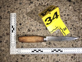 A knife recovered by Wood Buffalo RCMP at the Fort McMurray International Airport on Friday, October 15, 2021. Supplied Image/Wood Buffalo RCMP