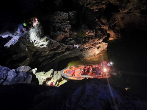 A Coast Guard boat at the Grotto in Bruce Peninsula National Park amid recovery efforts following the death of a park visitor there Wednesday, Oct. 20, 2021 in Northern Bruce Peninsula. (OPP photo)