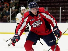 Windsor Spitfires' Grayson Ladd plays against the Sarnia Sting in an OHL pre-season game at Progressive Auto Sales Arena in Sarnia, Ont., on Friday, Sept. 17, 2021. Mark Malone/Chatham Daily News/Postmedia Network