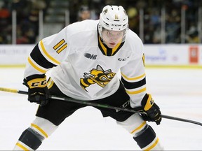 Sarnia Sting's Zach Filak prepares for a faceoff against the Windsor Spitfires in the first period at Progressive Auto Sales Arena in Sarnia, Ont., on Friday, Oct. 8, 2021. Mark Malone/Chatham Daily News/Postmedia Network