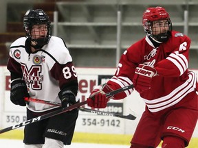 Leamington Flyers' Ryan Clark, right, tries to slow Chatham Maroons' David Brown in the second period at Chatham Memorial Arena in Chatham, Ont., on Saturday, Oct. 9, 2021. Mark Malone/Chatham Daily News/Postmedia Network