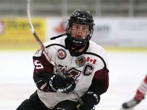 Chatham Maroons' Lucas Fancy plays against the Leamington Flyers in the third period at Chatham Memorial Arena in Chatham, Ont., on Saturday, Oct. 9, 2021. Mark Malone/Chatham Daily News/Postmedia Network