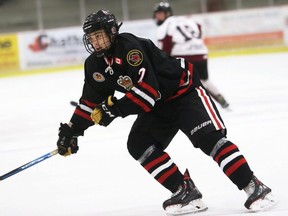 Sarnia Legionnaires' Ty Moffatt plays against the Chatham Maroons at Chatham Memorial Arena in Chatham, Ont., on Sunday, Oct. 10, 2021. Mark Malone/Chatham Daily News/Postmedia Network
