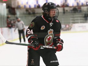 Sarnia Legionnaires' Austin Harper (24) plays against the Chatham Maroons at Chatham Memorial Arena in Chatham, Ont., on Sunday, Oct. 10, 2021. Mark Malone/Chatham Daily News/Postmedia Network