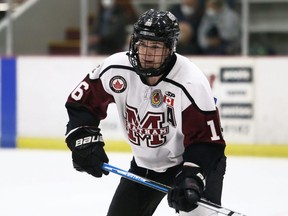 Chatham Maroons' Cameron Symons (16) plays against the Sarnia Legionnaires at Chatham Memorial Arena in Chatham, Ont., on Sunday, Oct. 10, 2021. Mark Malone/Chatham Daily News/Postmedia Network