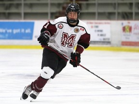 Chatham Maroons' Dylan Glinski plays against the St. Marys Lincolns at Chatham Memorial Arena in Chatham, Ont., on Sunday, Oct. 17, 2021. Mark Malone/Chatham Daily News/Postmedia Network